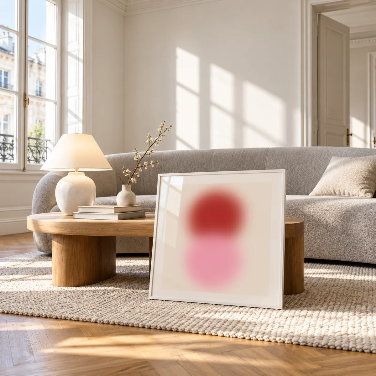 Pink and Red Print, framed and leaning against a coffee table in a bright living room