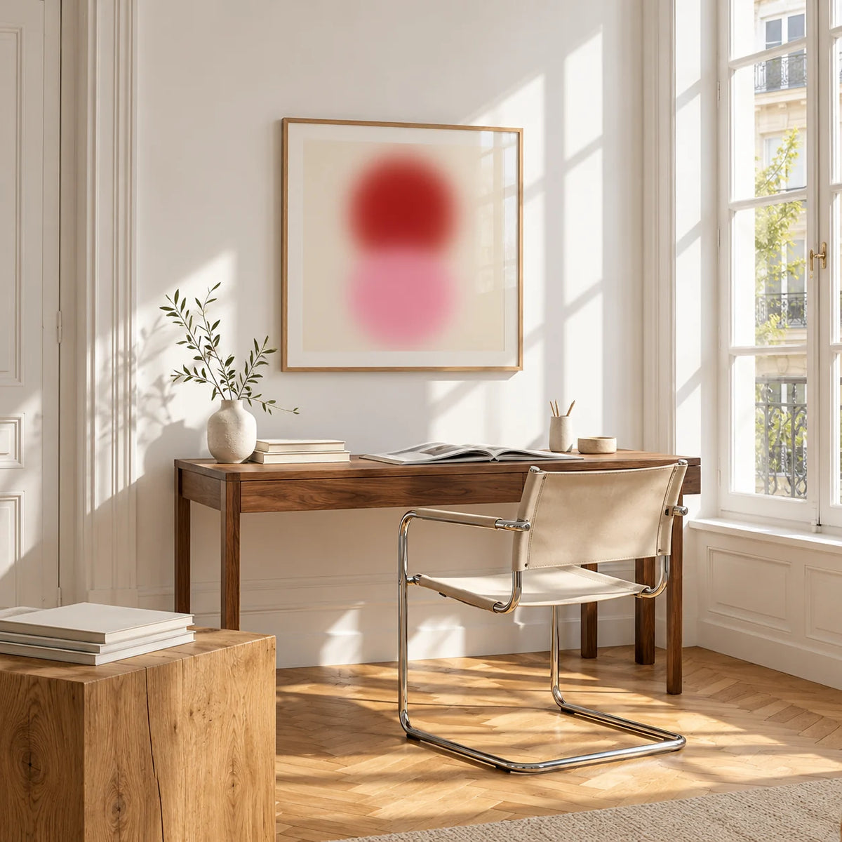Pink and Red Print, framed on the wall of a bright study corner with a tall white paned window