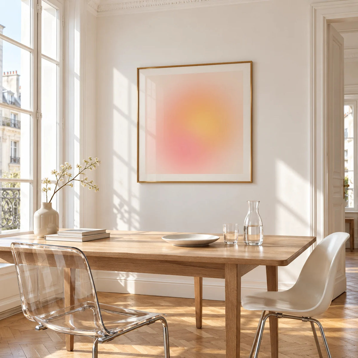 Pink and Yellow Print, framed on the wall of a bright dining corner