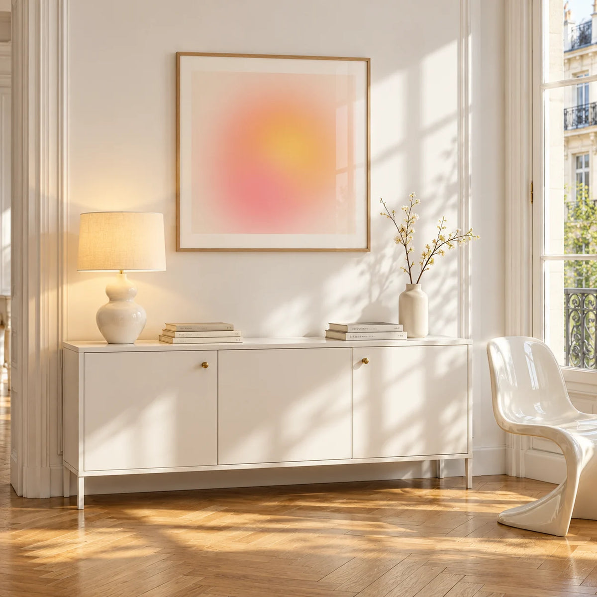 Pink and Yellow Print, framed on the wall of a bright Paris style apartment in a living room