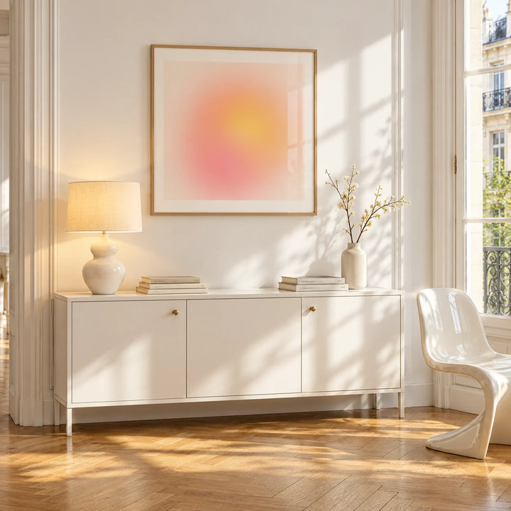 Pink and Yellow Print, framed on the wall of a bright Paris style apartment in a living room