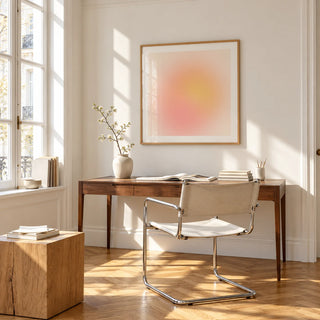 Pink and Yellow Print, framed on the wall of a bright study corner with a tall white paned window