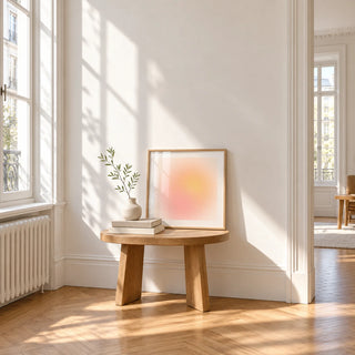 Pink and Yellow Print, a small square framed print leaning on a small solid oak side table