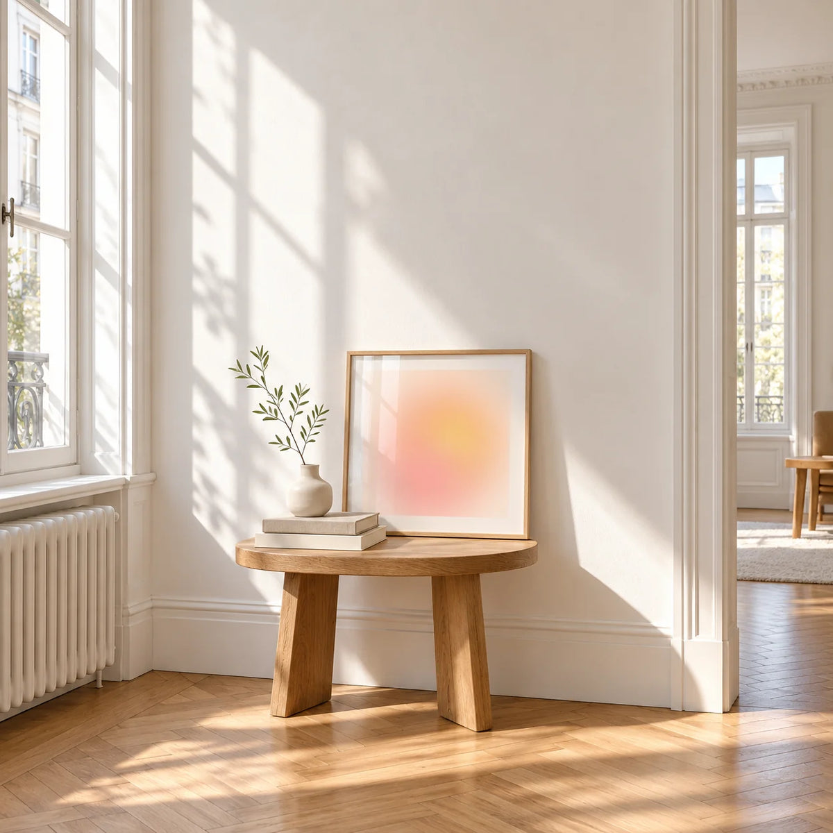 Pink and Yellow Print, a small square framed print leaning on a small solid oak side table