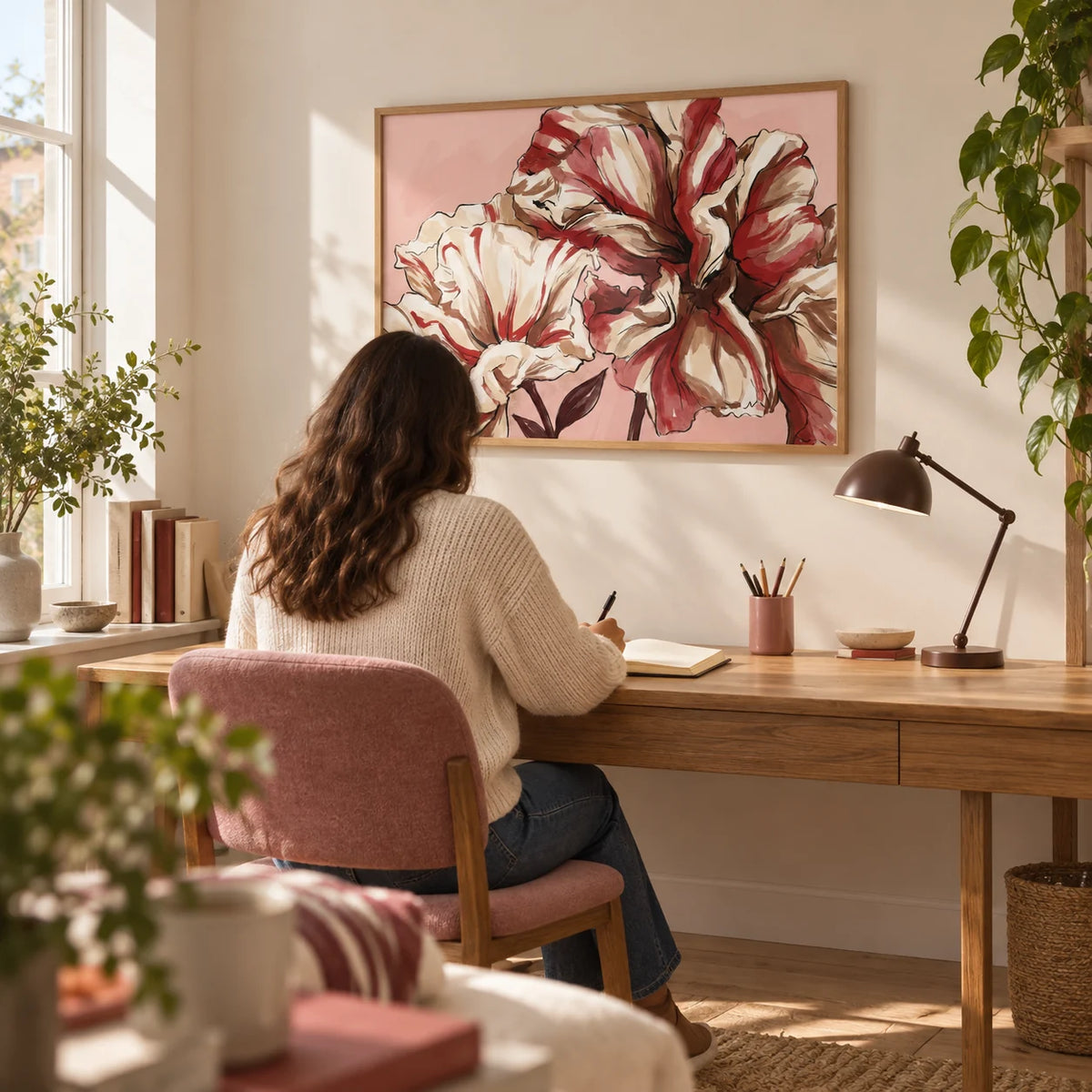 Pink Background Flower Print, framed on the wall of a bright home study in a UK first home for an adult aged 25-35