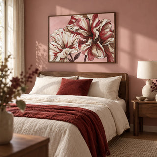 Pink Background Flower Print, framed on the wall of a calm contemporary bedroom with a muted rose wall