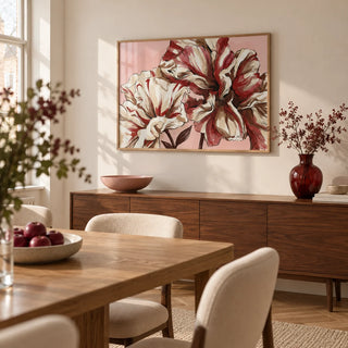 Pink Background Flower Print, framed on the wall of a relaxed dining room in a renovated UK flat with warm white walls