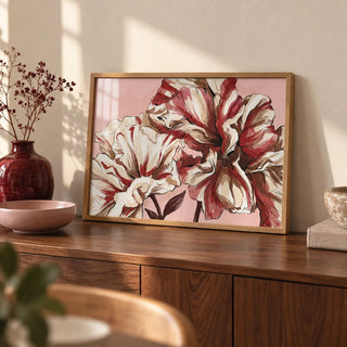 Pink Background Flower Print, a small A4 framed print leaning on a walnut sideboard in a living room