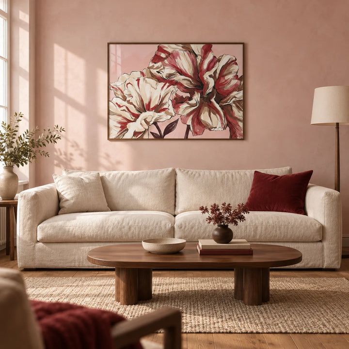 Pink Background Flower Print, framed on the wall of a warm contemporary living room in a UK terraced house with pale pink plaster walls and oak floorboards