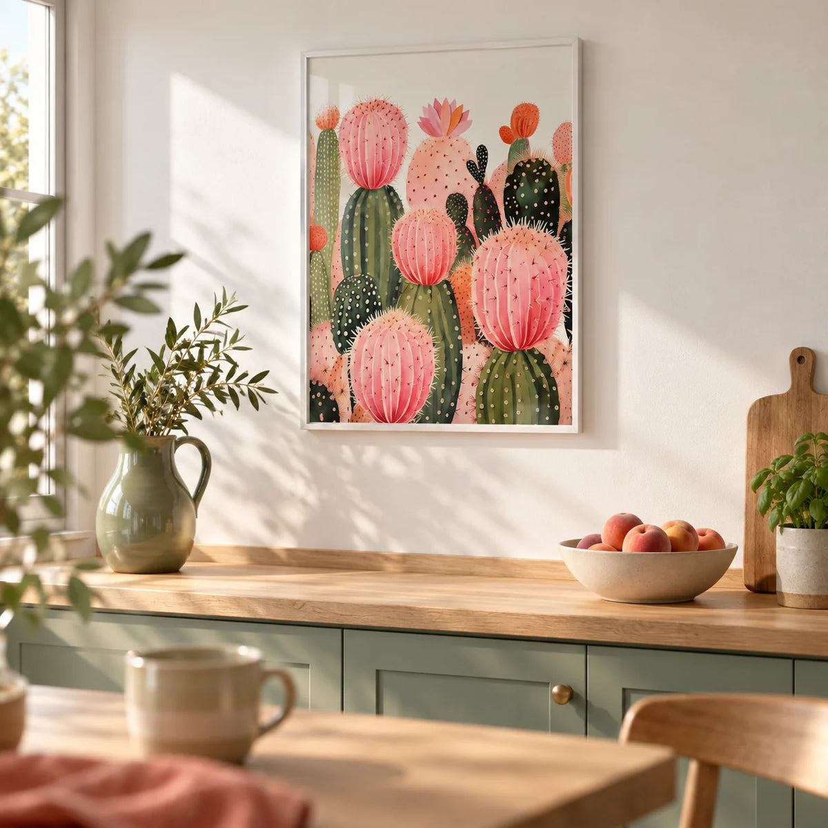 Pink Cactus Print, framed on the wall of a bright kitchen with plain white walls