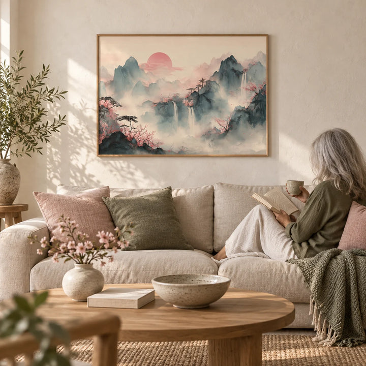 Tiger Mountain Wall Art, framed on the wall of a calm Japandi living room with a warm white limewashed wall