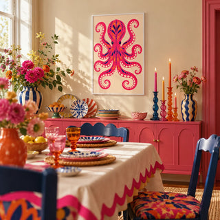 Pink Octopus Print, framed on the wall of a maximalist dining room