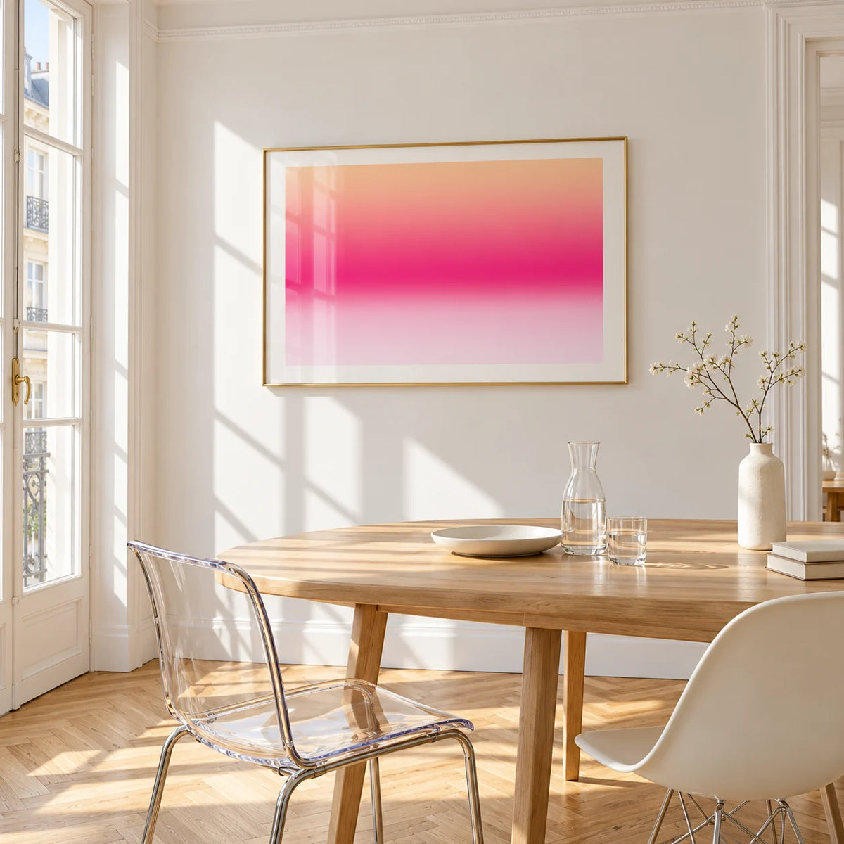 Pink Sunrise Print, framed on the wall of a bright dining corner
