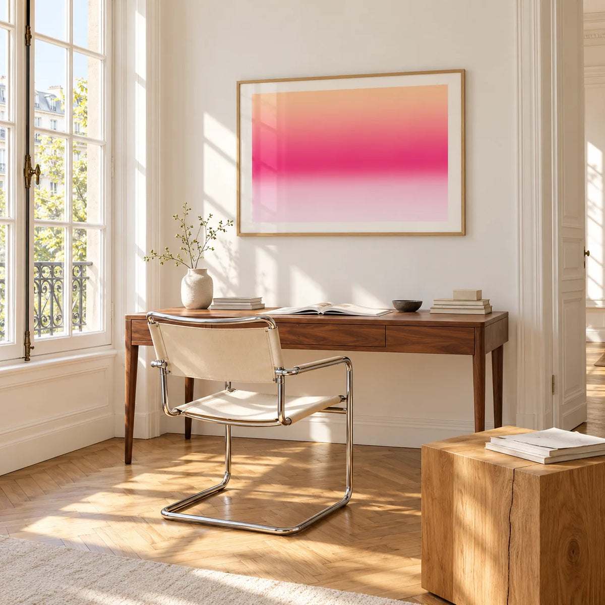Pink Sunrise Print, framed on the wall of a bright study corner with a tall white paned window