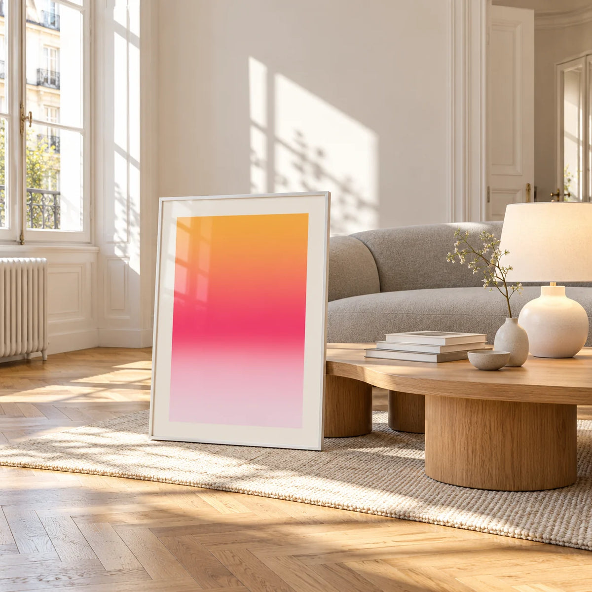 Pink Sunset Wall Art, framed and leaning against a coffee table in a bright living room