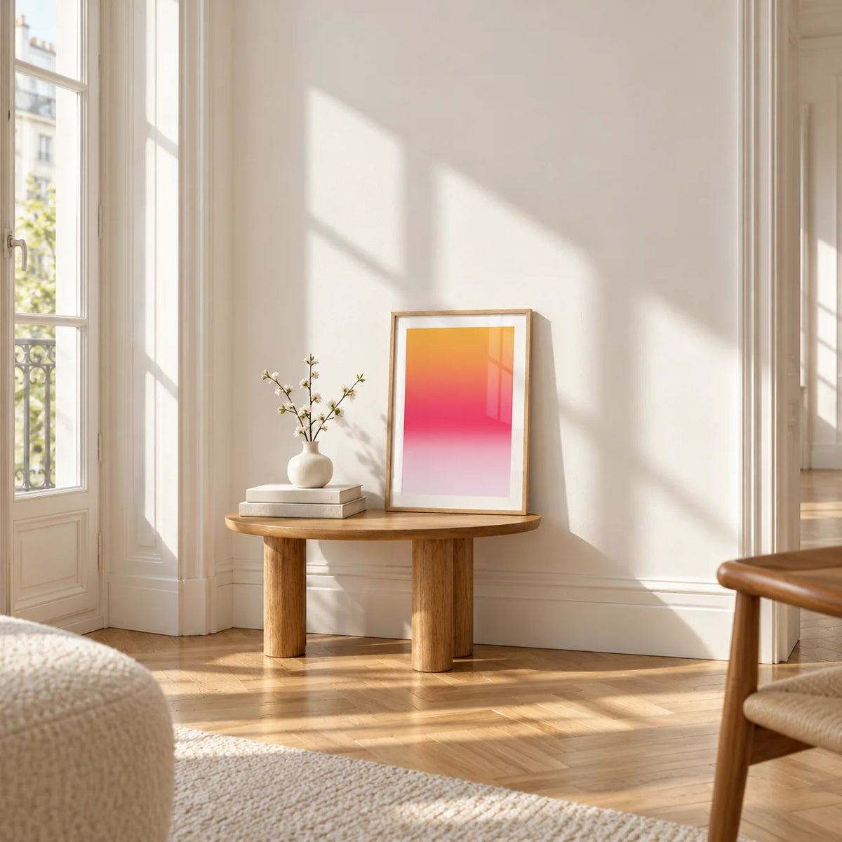 Pink Sunset Wall Art, a small A4 framed print leaning on a small solid oak side table