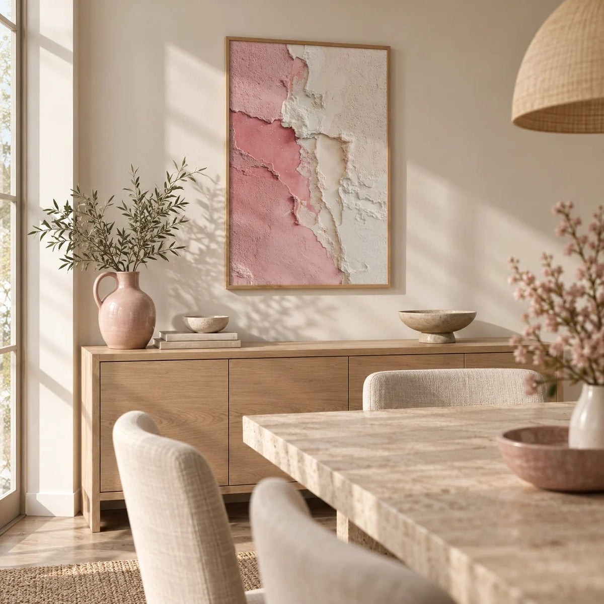 Wabi Sabi Poster, framed on the wall of a calm dining room