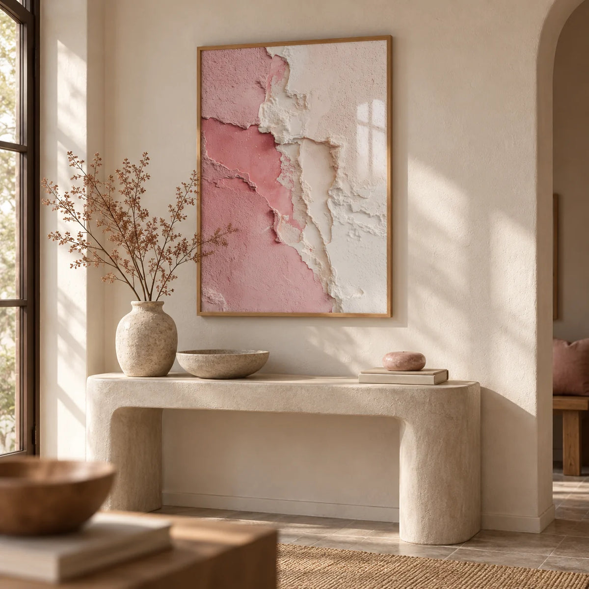 Wabi Sabi Poster, framed on the wall of a calm entryway