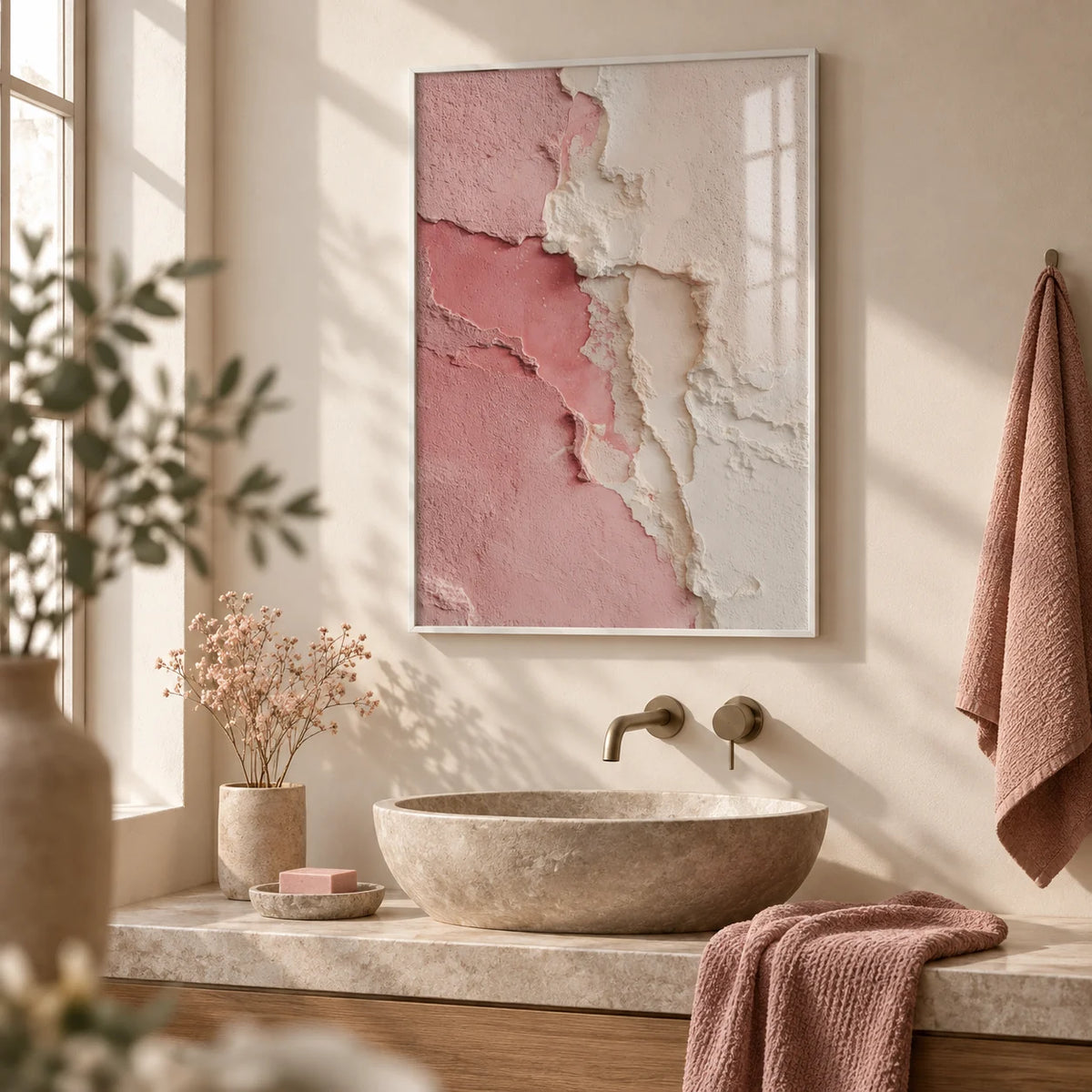 Wabi Sabi Poster, framed on the wall of a calm neutral bathroom