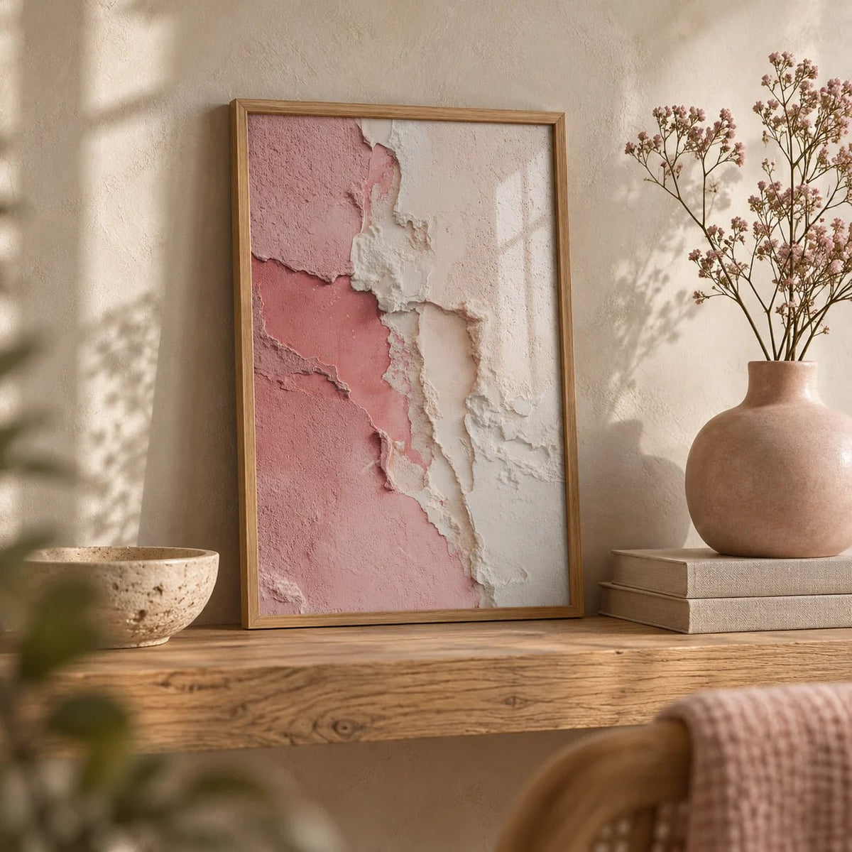 Wabi Sabi Poster, a small A4 framed print leaning on an oak shelf in a living room