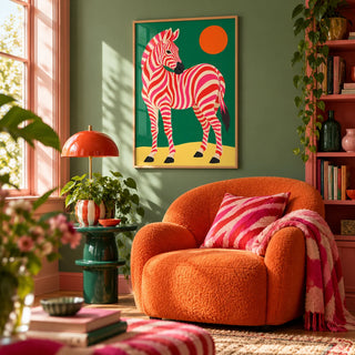 Pink Zebra Poster, framed on the wall of a cosy maximalist reading nook in a living room