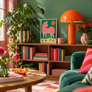 Pink Zebra Poster, a small A4 framed print leaning on a low bookshelf in a living room