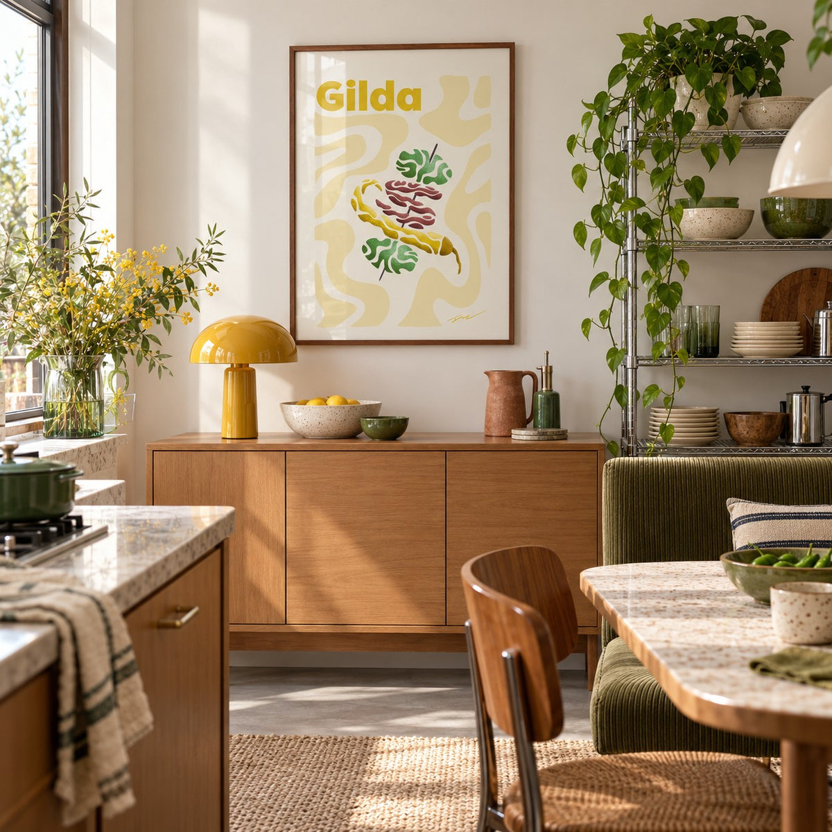 Pintxos Poster hung above an oak sideboard in a creative apartment kitchen (frame not included)
