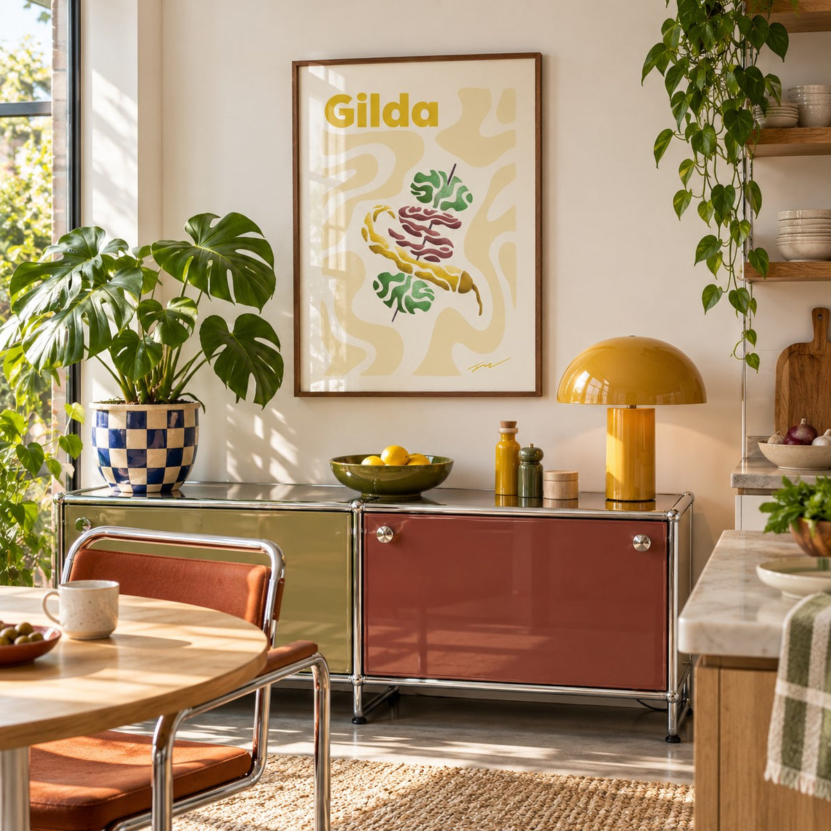 Pintxos Poster hung above a retro modular console in a playful kitchen (frame not included)