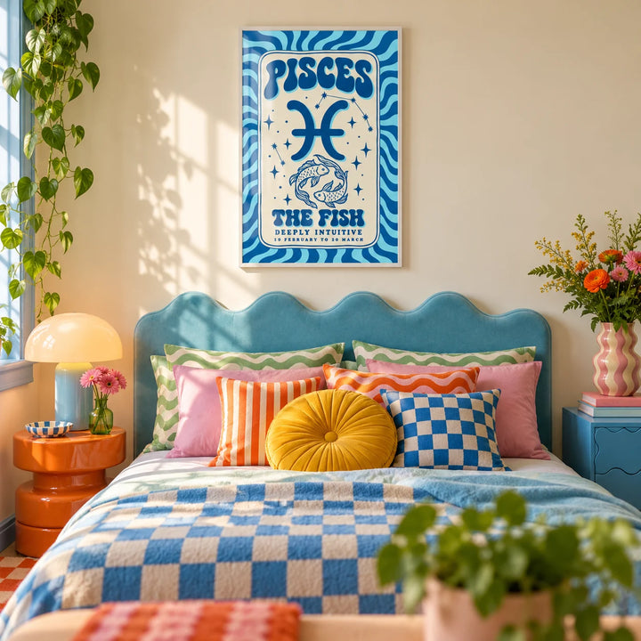 Pisces Wall Art, framed on the wall of a colourful dopamine bedroom