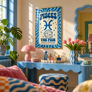 Pisces Wall Art, framed on the wall of a playful dressing area in a bathroom