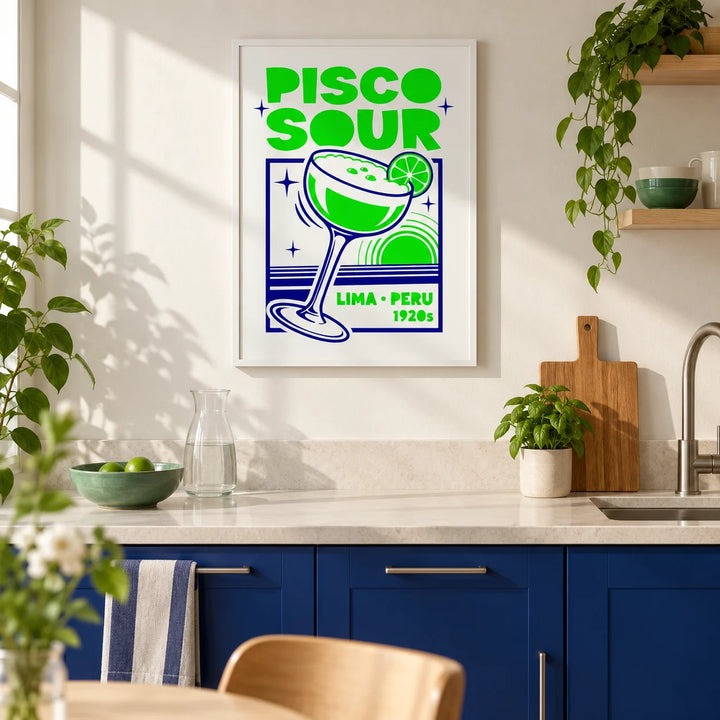Pisco Art, framed on the wall of a crisp modern kitchen in a UK first flat (22-28)