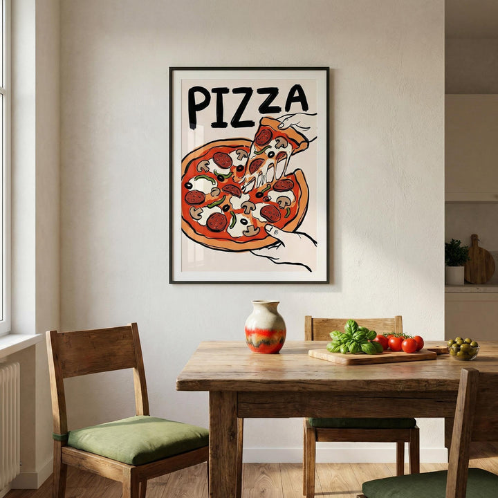 Dining room with a pizza-themed wall art print above a wooden table.
