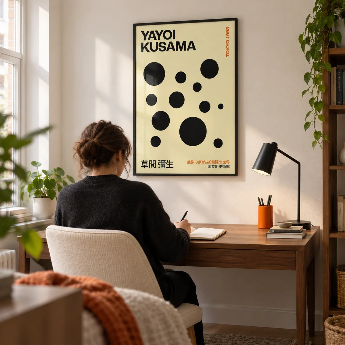 Polka Dot Artwork, framed on the wall of a compact home study in a UK flat with a warm white wall and a walnut desk