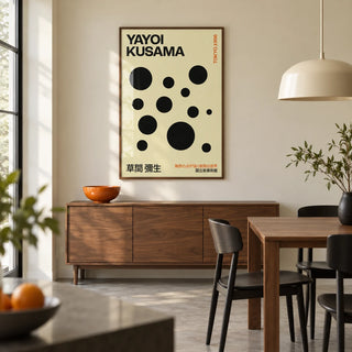 Polka Dot Artwork, framed on the wall of a crisp modern dining room in a renovated UK terrace with a pale cream wall and polished concrete floor