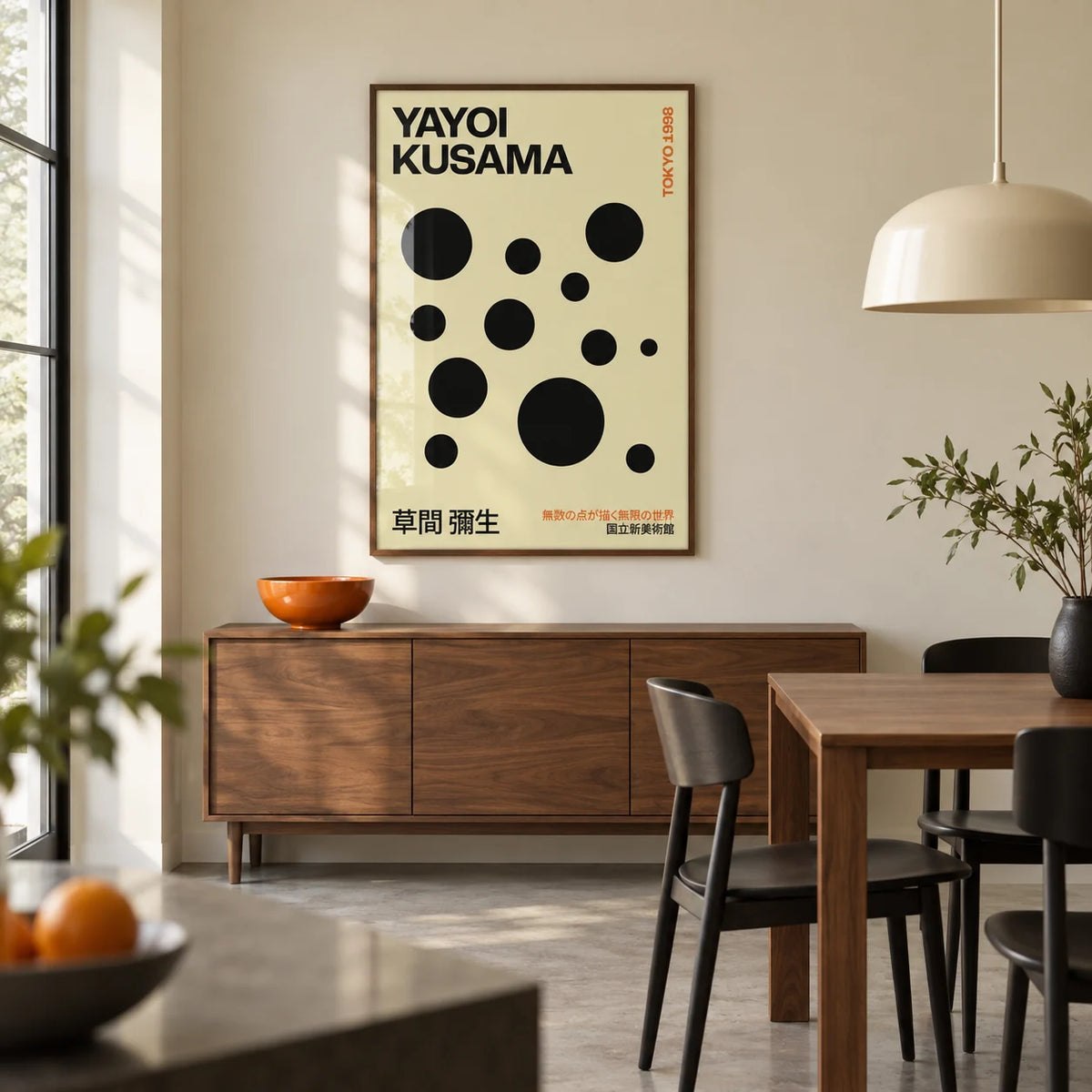 Polka Dot Artwork, framed on the wall of a crisp modern dining room in a renovated UK terrace with a pale cream wall and polished concrete floor