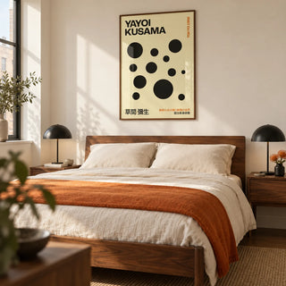 Polka Dot Artwork, framed on the wall of a modern bedroom for an art-loving couple aged 28-45 in a UK city flat with warm white walls