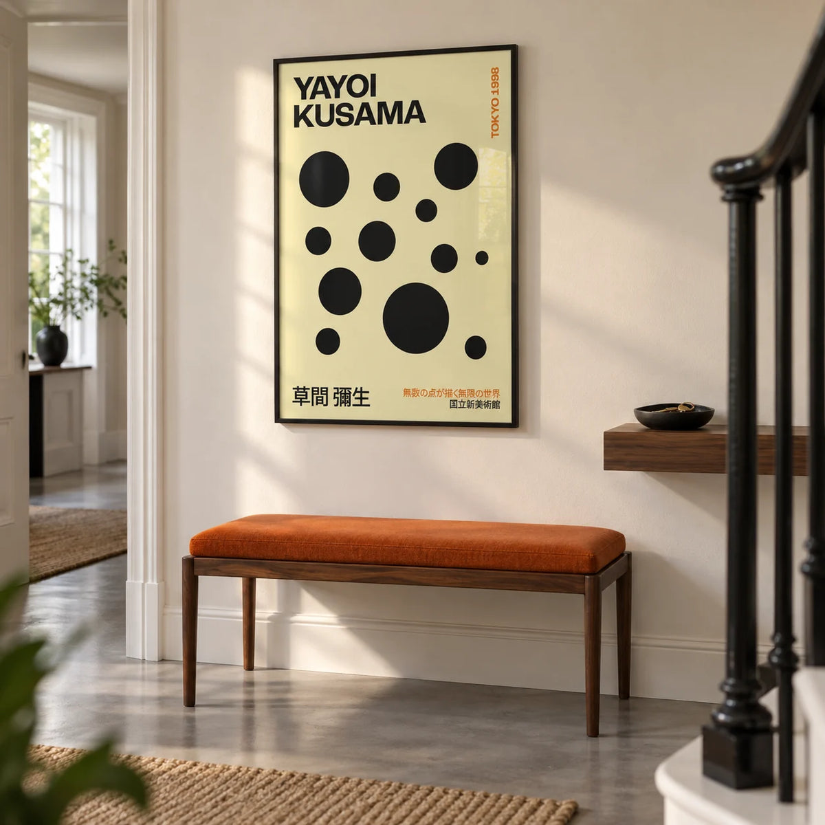 Polka Dot Artwork, framed on the wall of a modern hallway in a UK townhouse with pale cream walls