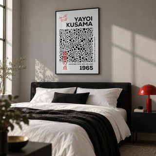 Polka Dots Art, framed on the wall of a calm modern bedroom with a soft grey wall