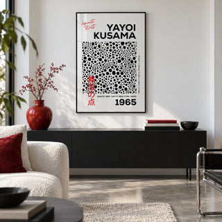 Polka Dots Art, framed on the wall of a crisp design-led city flat living room with a white wall and a polished concrete floor