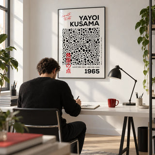 Polka Dots Art, framed on the wall of a modern design studio with a white wall and a pale oak floor in a home office