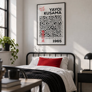 Polka Dots Art, framed on the wall of a monochrome single bedroom for a young adult (18-25) with a white wall