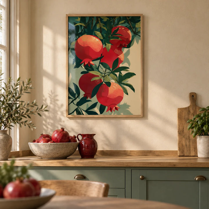Pomegranate Art Print, framed on the wall of a warm kitchen with a beige plaster wall and solid sage green cabinets