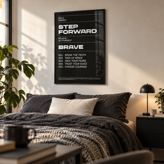 Positive Affirmation Prints, framed on the wall of a stylish young adult's bedroom (20-28) with a warm white wall