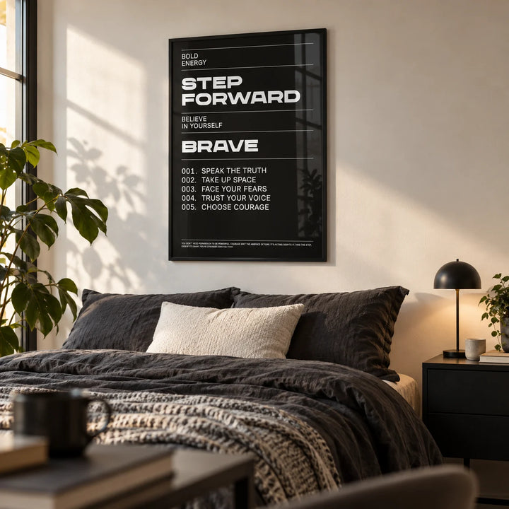 Positive Affirmation Prints, framed on the wall of a stylish young adult's bedroom (20-28) with a warm white wall
