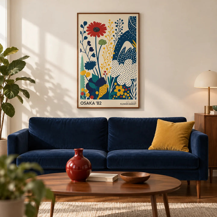 Poster Flowers, framed on the wall of a mid-century living room with a plain cream wall and a walnut floor
