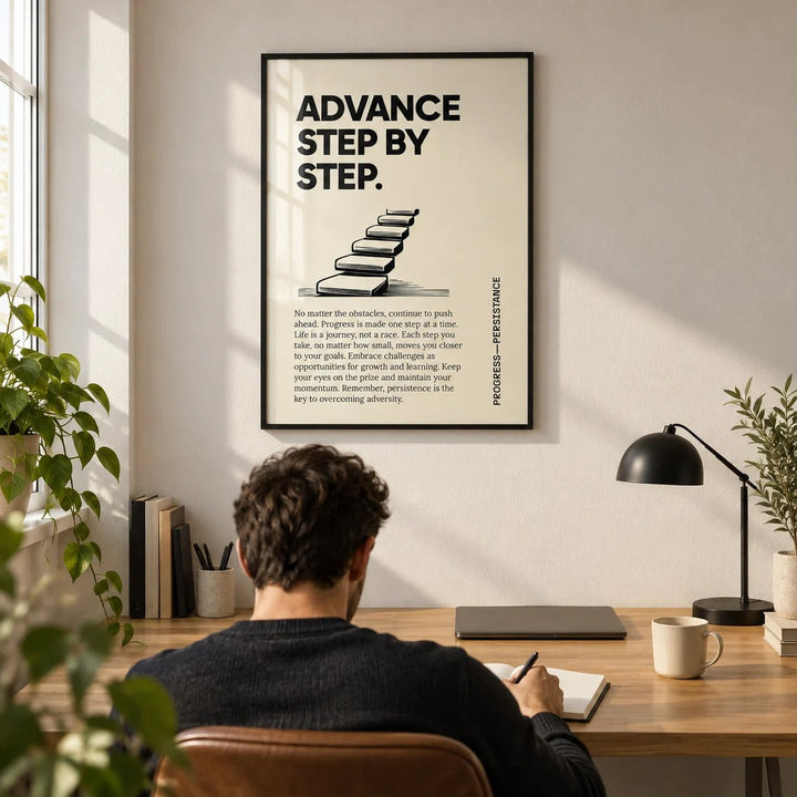Poster of Motivation, framed on the wall of a focused modern home office