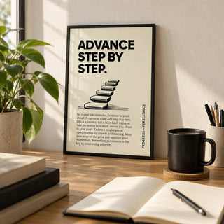 Poster of Motivation, a small A4 framed print leaning on an oak desk