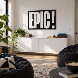 Posters Bold Font, framed on the wall of a games room in a family home with a white wall in a living room