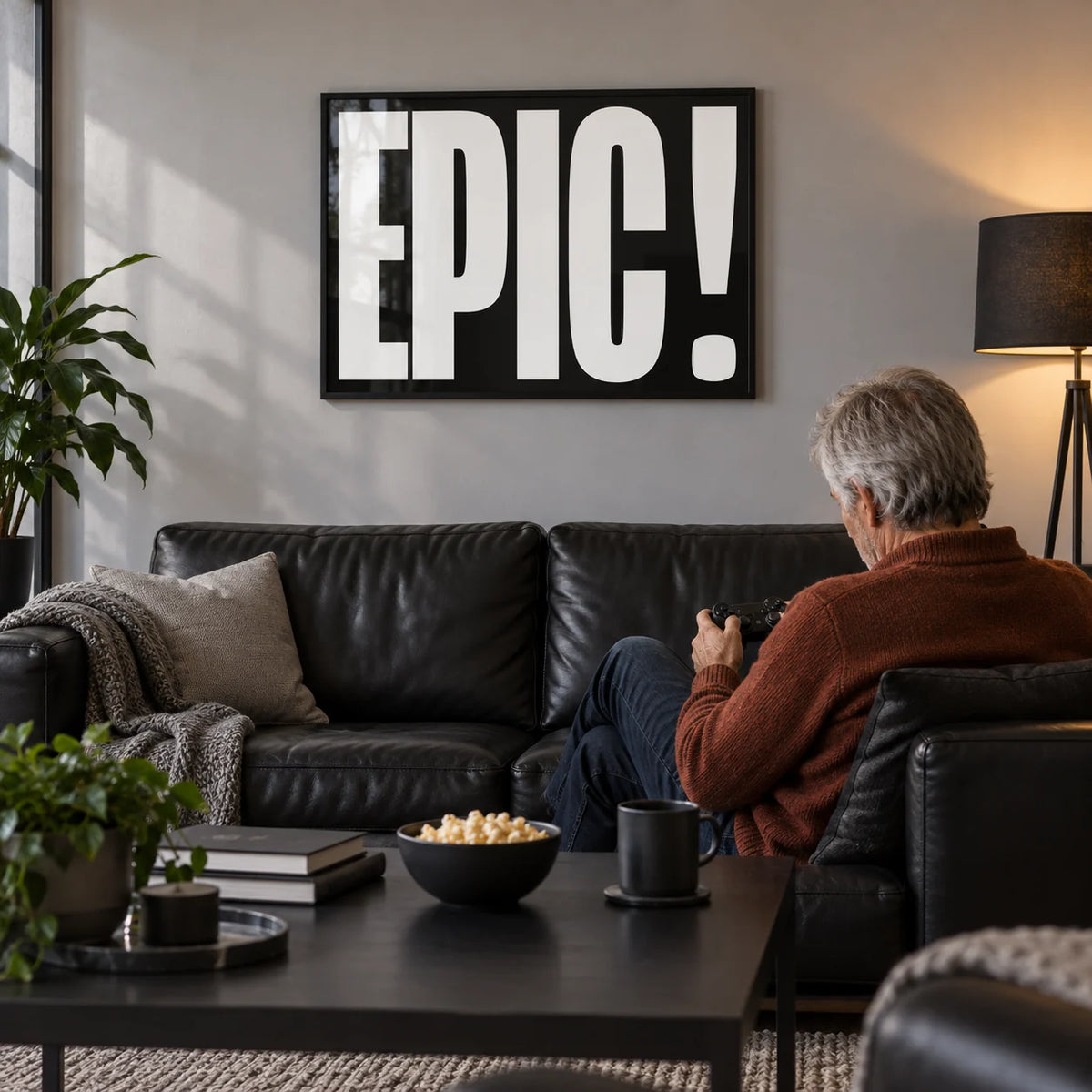 Posters Bold Font, framed on the wall of a modern man cave with a light grey wall in a living room