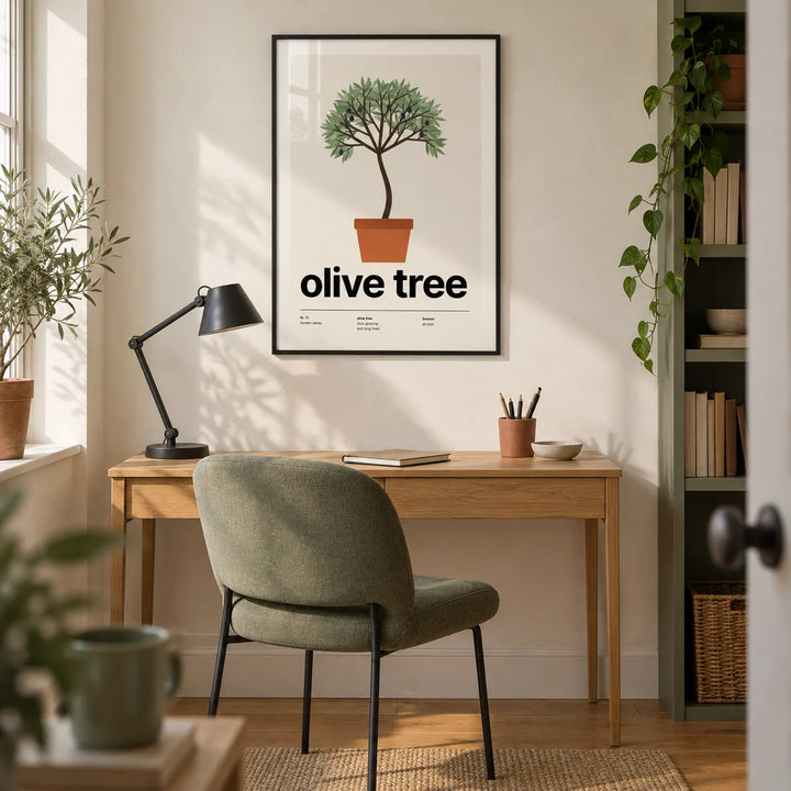 Potted Olive Tree Print, framed on the wall of a modern home study in a UK terraced house with an ivory wall and oak floor